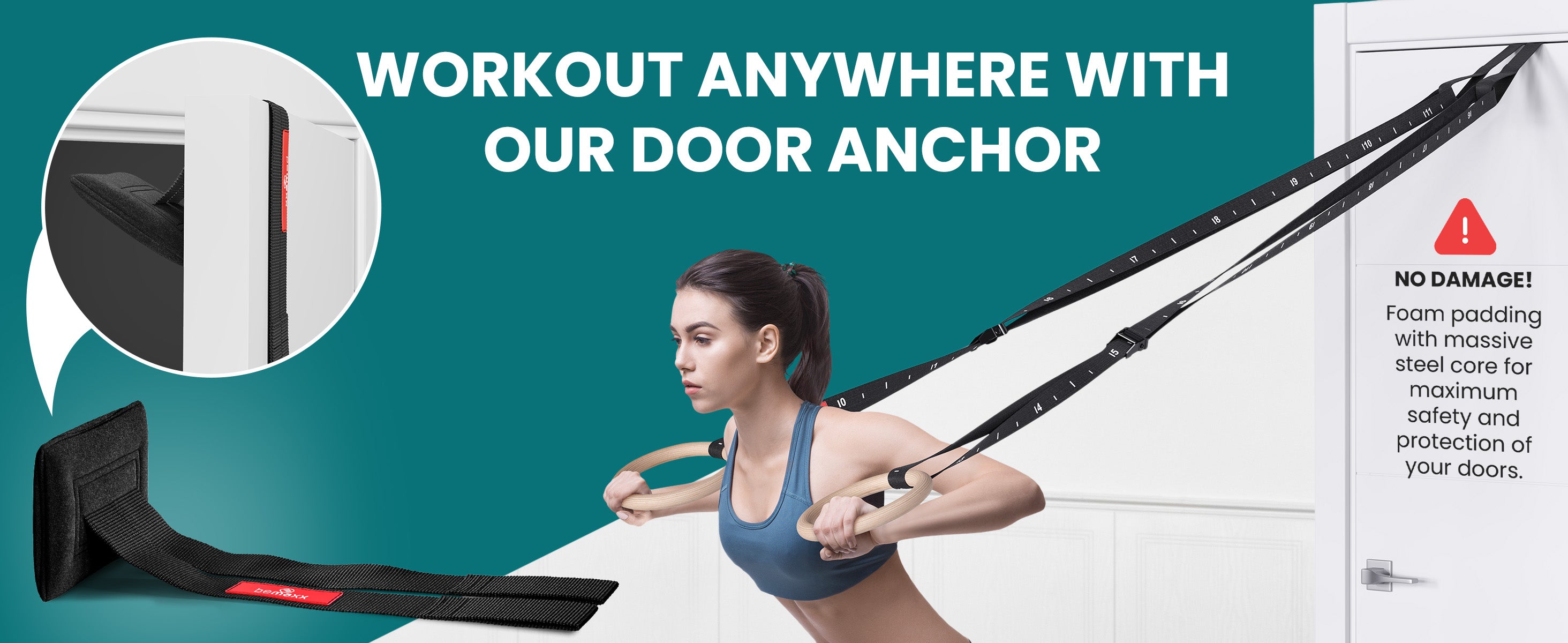 bemaxx Gym Rings with door anchor – train anywhere with foam padding and steel core for door protection.