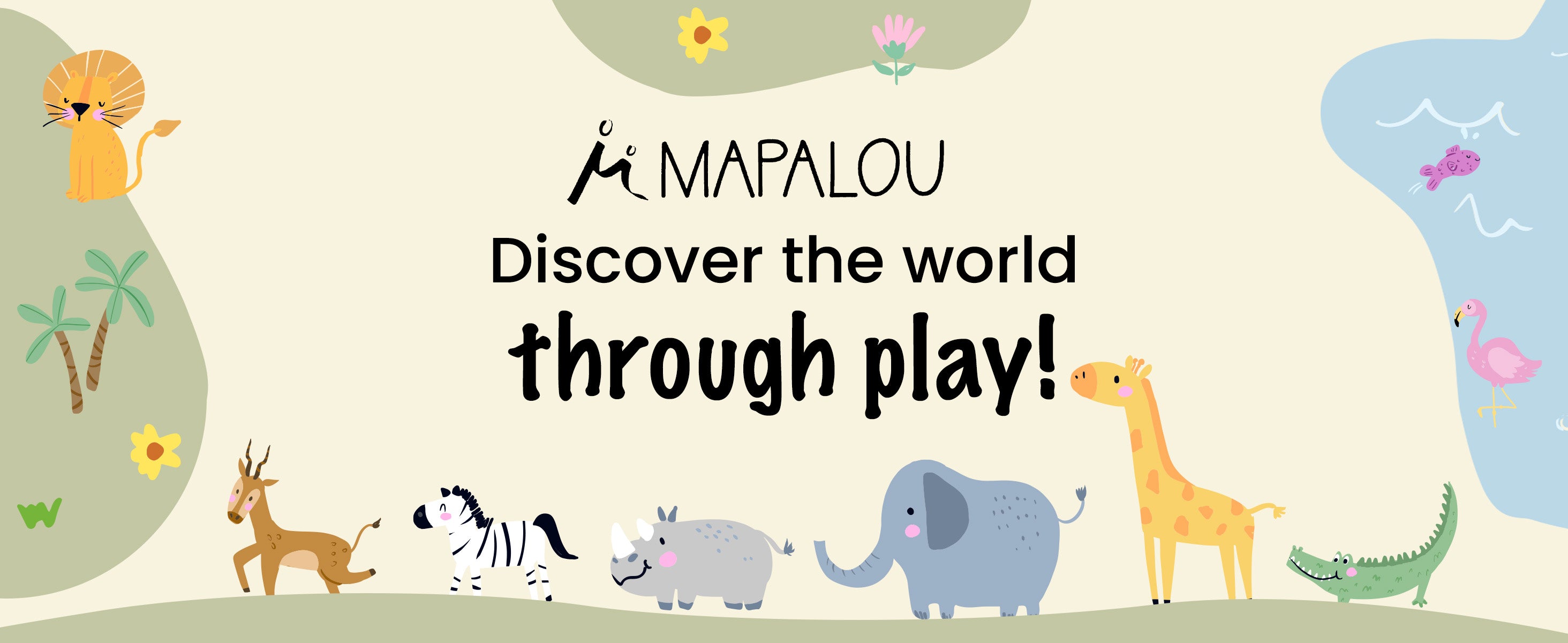Mapalou Baby folding mat features playful safari animal print and logo, inspiring little ones to explore the world.