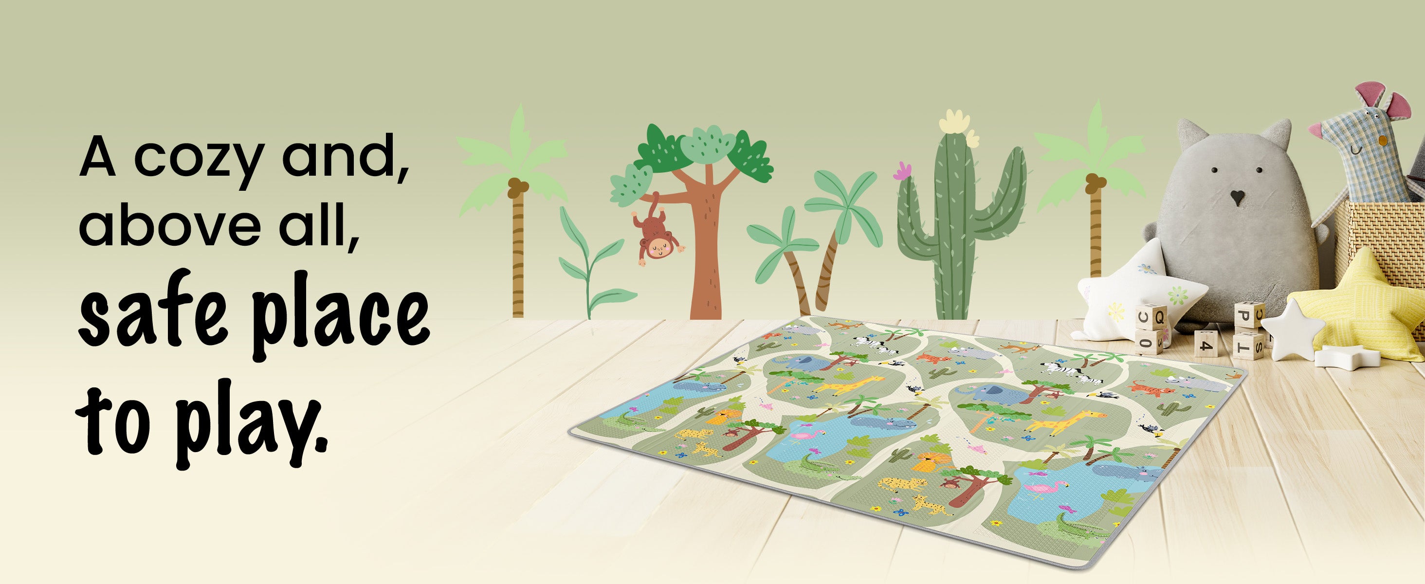 Mapalou Baby folding mat placed under toys in a cozy room, creating a safe play area for infants and toddlers.