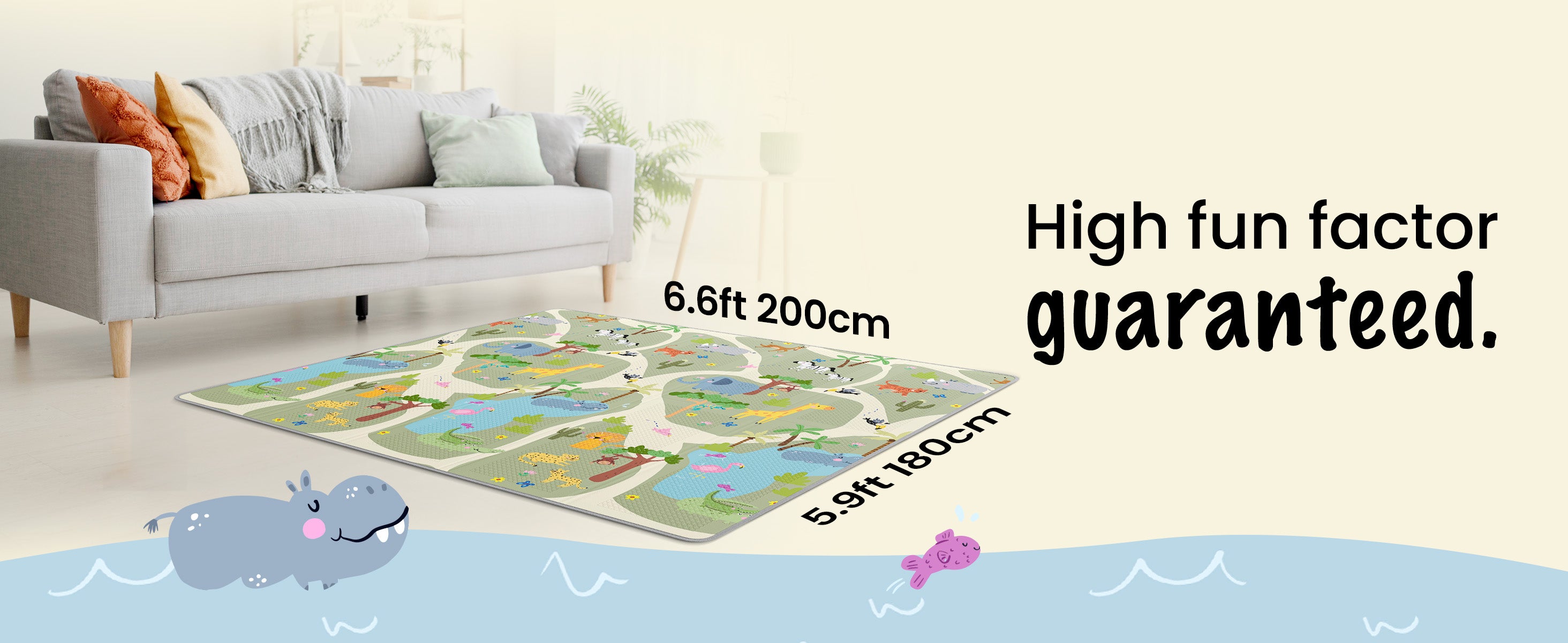 Mapalou Baby folding mat fully unfolded (200 × 180 cm) in a living room, perfect for indoor play and decor.