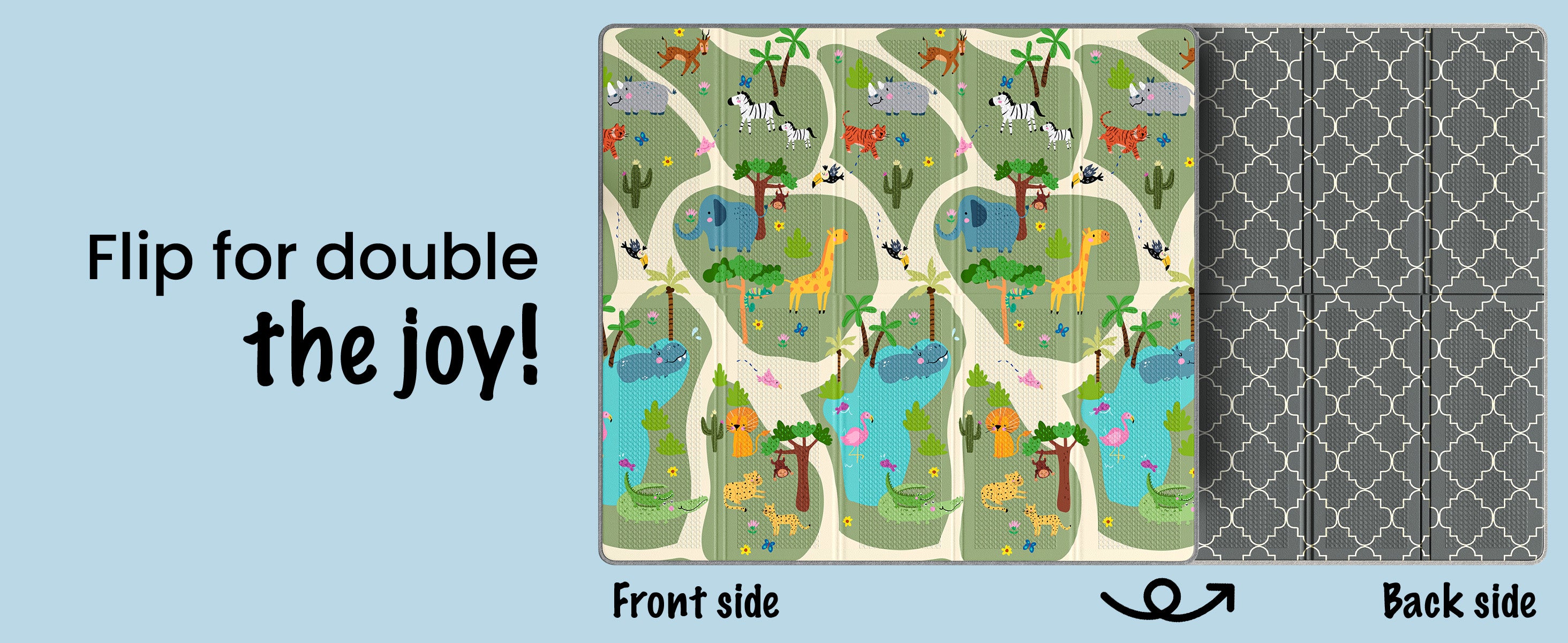 Mapalou Baby folding mat reversible design shows animal print front and grey geometric back for double the fun.