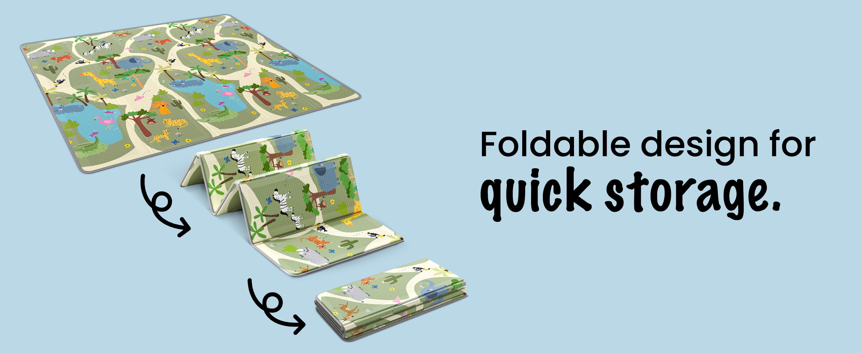 Mapalou Baby folding mat folds accordion-style for easy storage and transport, collapsing flat in seconds.