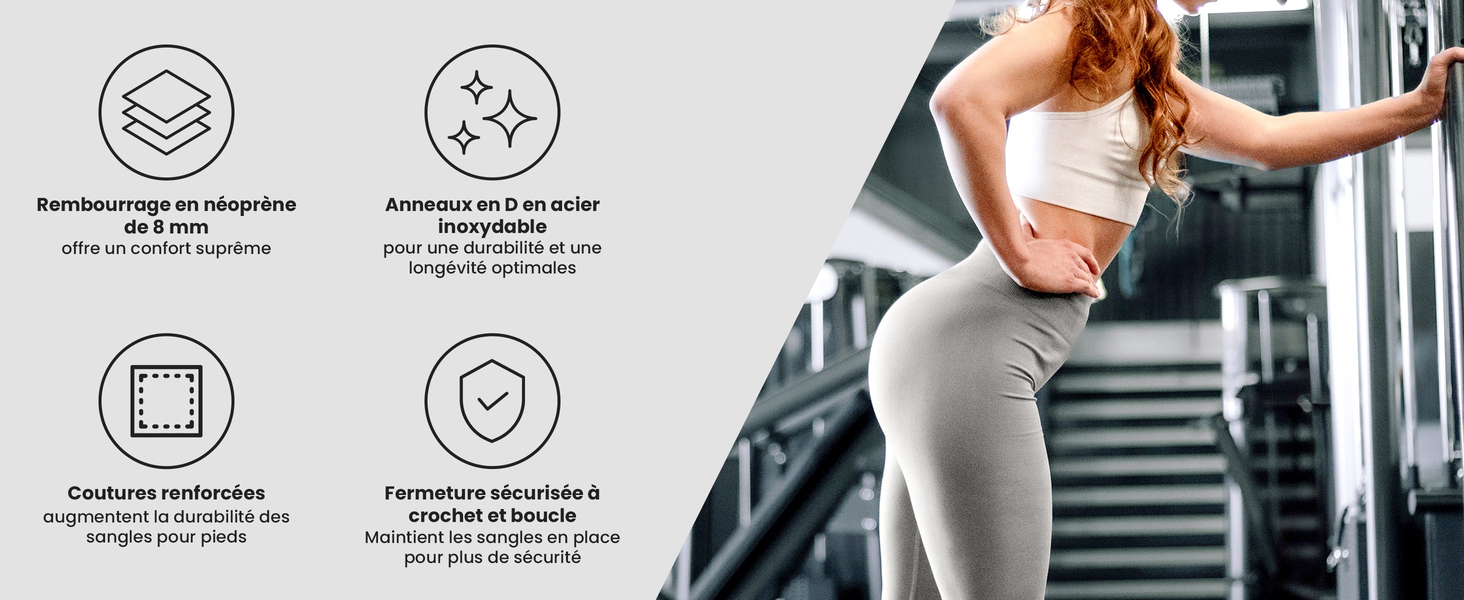 Sangles de cheville bemaxx – rembourrage néoprène, anneaux acier, coutures renforcées