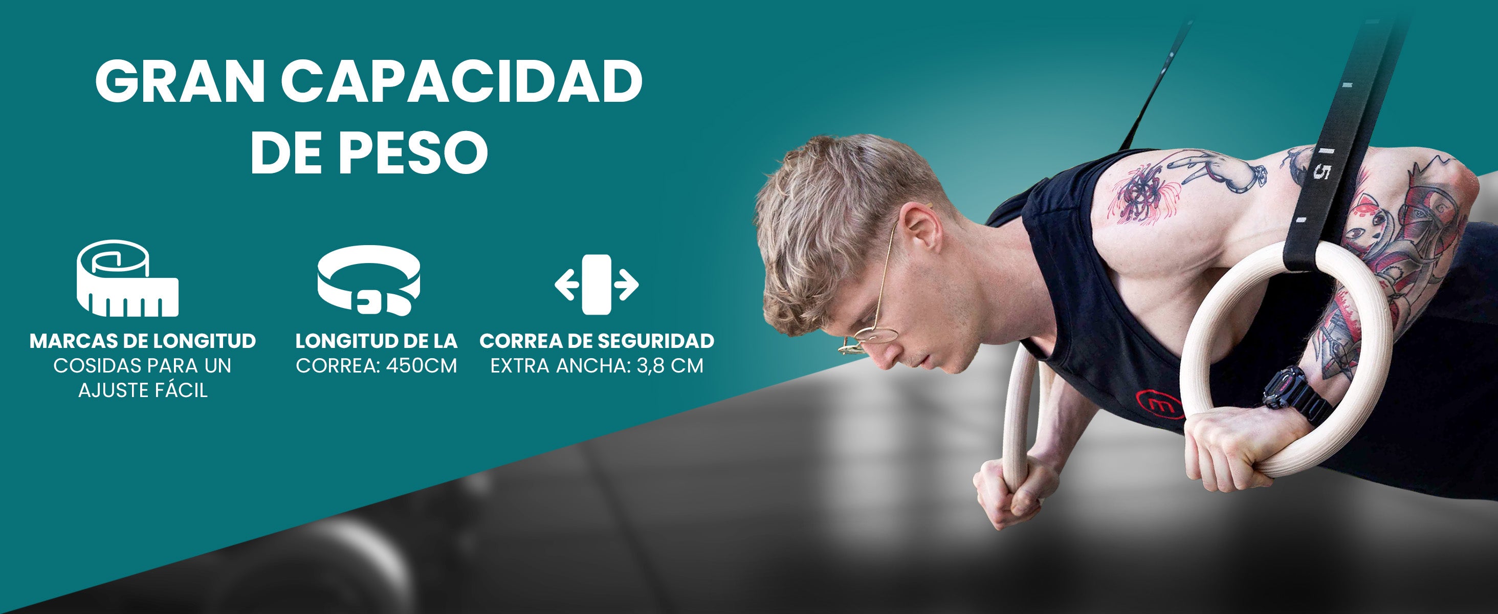 Hombre entrenando con set de resistencia bemaxx, muestra medidas y capacidad de carga