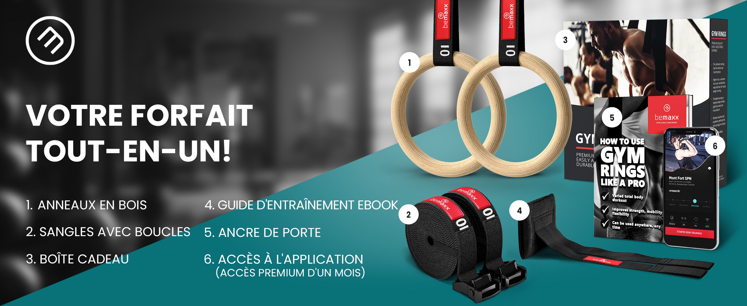 Kit complet bemaxx avec anneaux, sangles, ebook, accès app et ancrage de porte