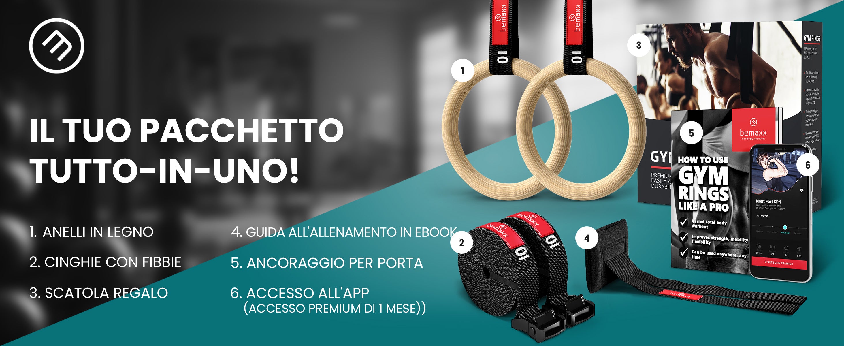 Set completo bemaxx con anelli, cinghie, ebook, accesso app e ancoraggio porta