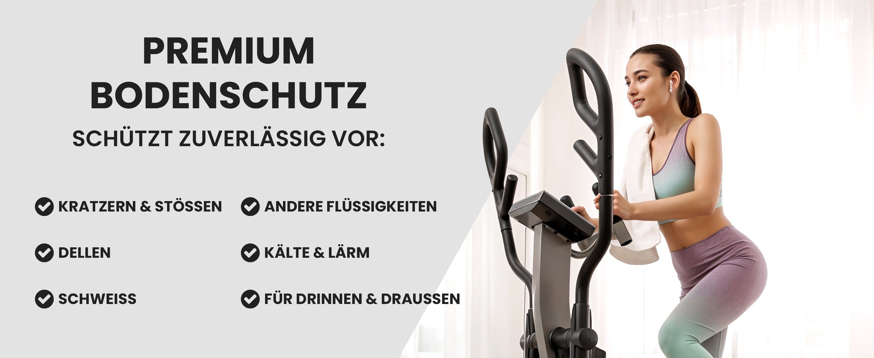 Frau am Ellipsentrainer auf bemaxx Bodenmatten – schützt vor Kratzern, Dellen, Schweiß & Lärm drinnen/ draußen.