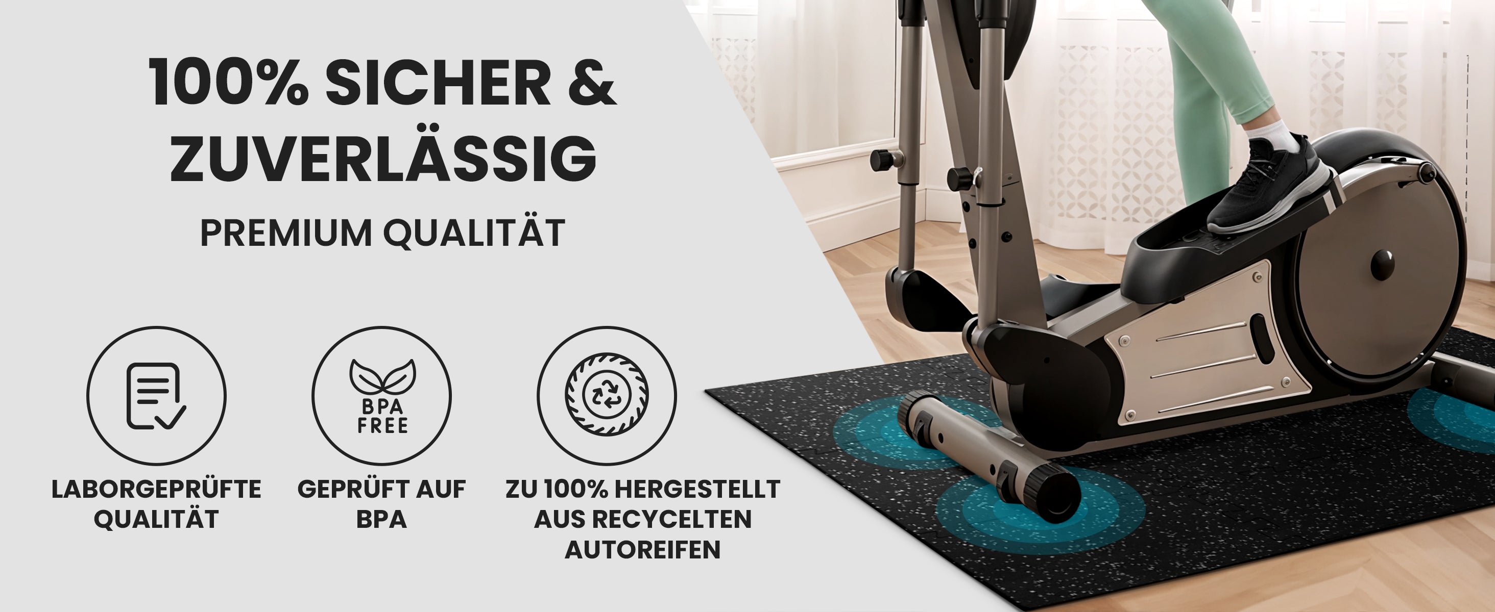 Frau am Heimtrainer auf bemaxx Bodenmatten – laborgeprüft, BPA-frei & aus 100 % recycelten Autoreifen gefertigt.