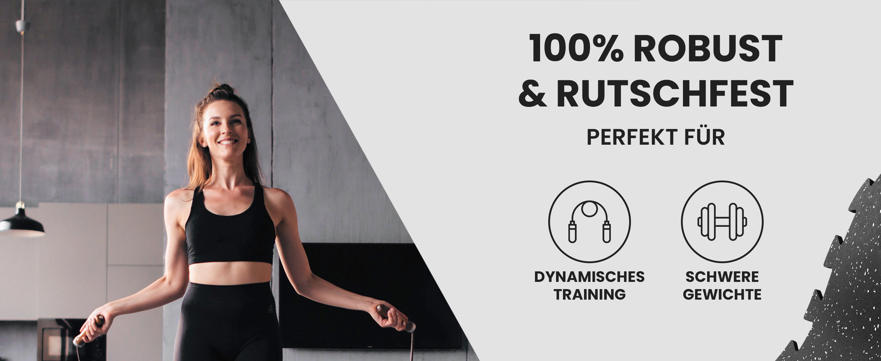 Frau springt Seil auf bemaxx Bodenmatten – 100 % robust, rutschfest & ideal für dynamisches Training mit Gewichten.