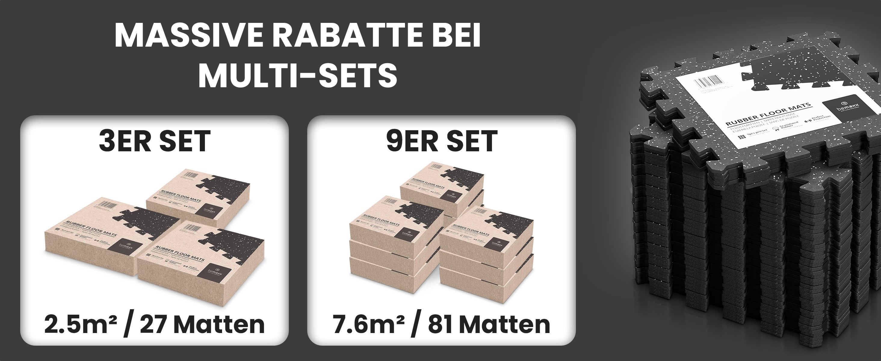 3er- & 9er-Pack bemaxx Bodenmatten in umweltfreundlicher Verpackung – deckt 2,5 m² bzw. 7,6 m² ab.