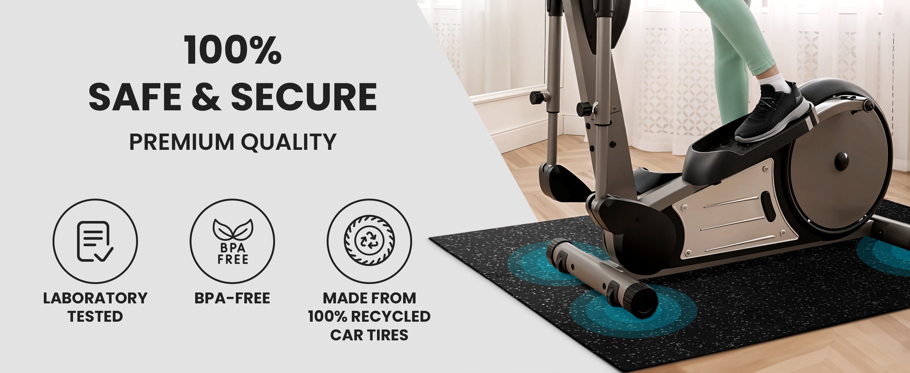 Woman on stationary bike stands on bemaax Floor Mats – lab-tested, BPA-free & made from 100% recycled tires.