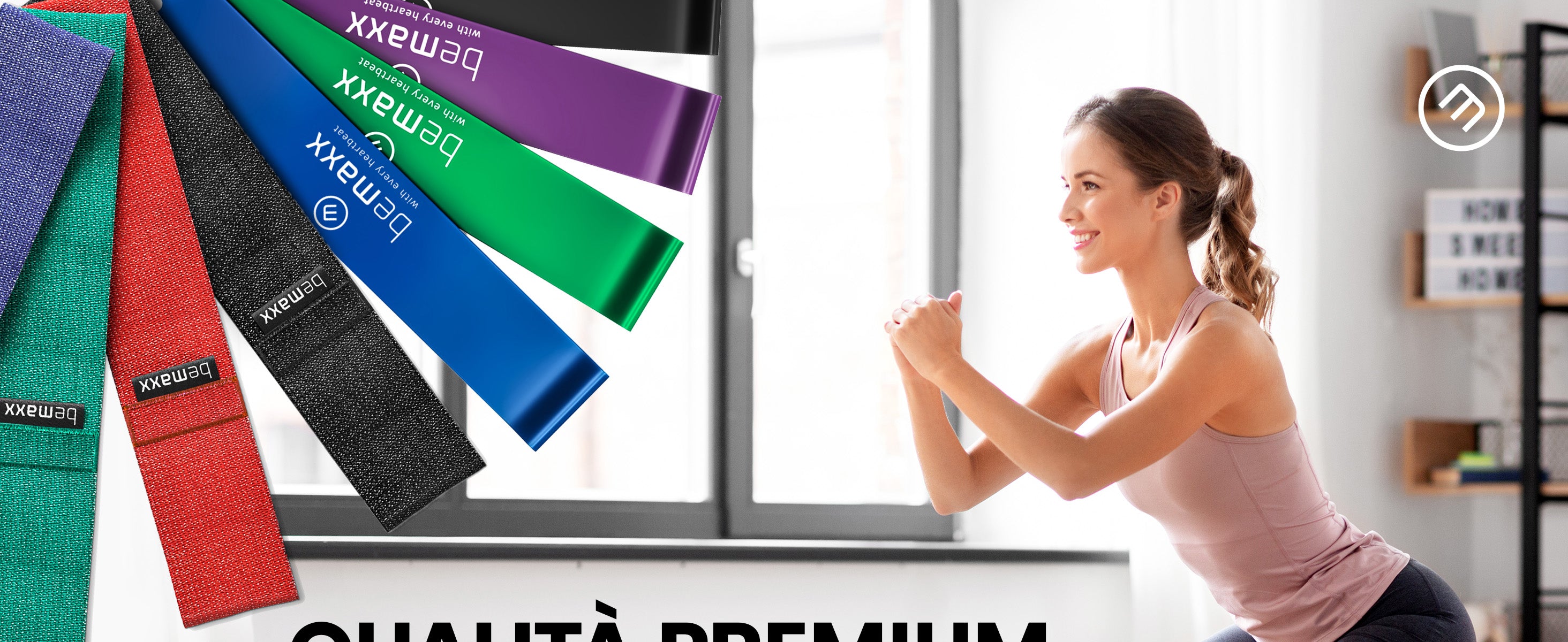 Donna si allena con fasce loop bemaxx – fasce fitness premium per allenamento completo