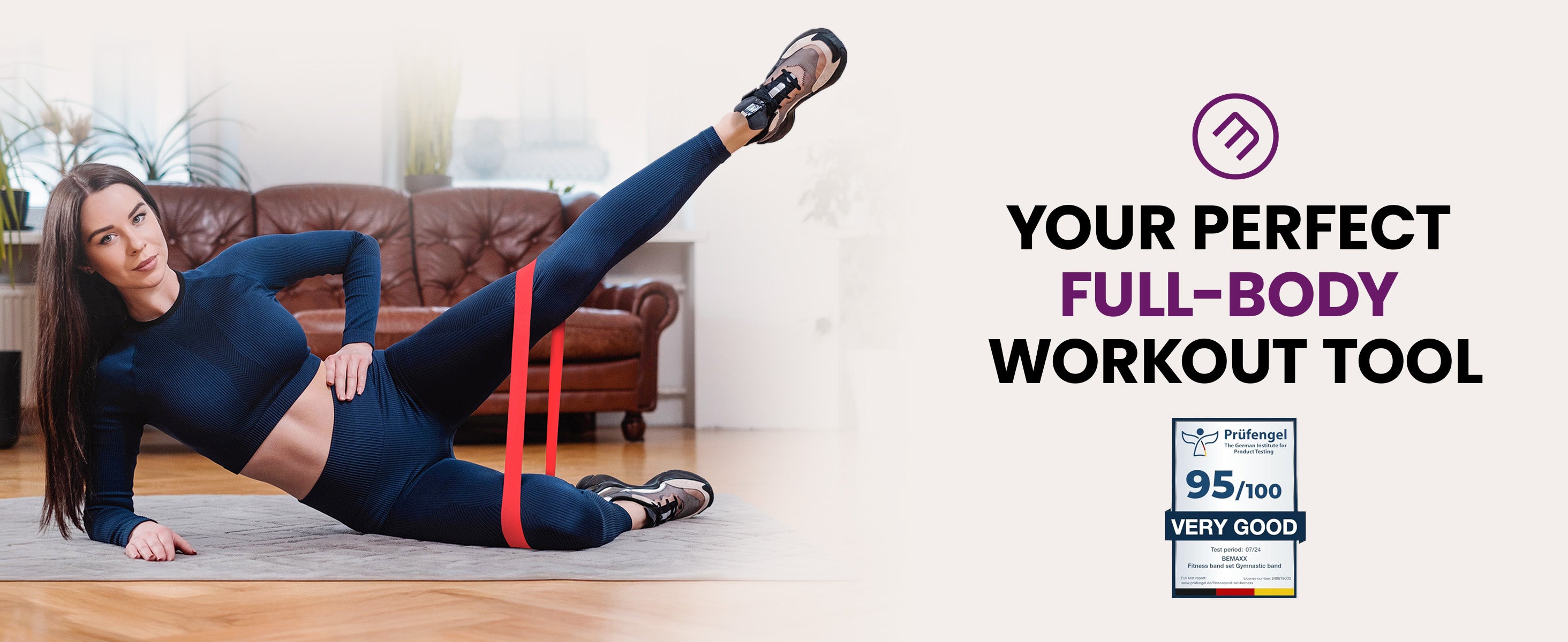 Woman doing home workout with bemaxx resistance band set