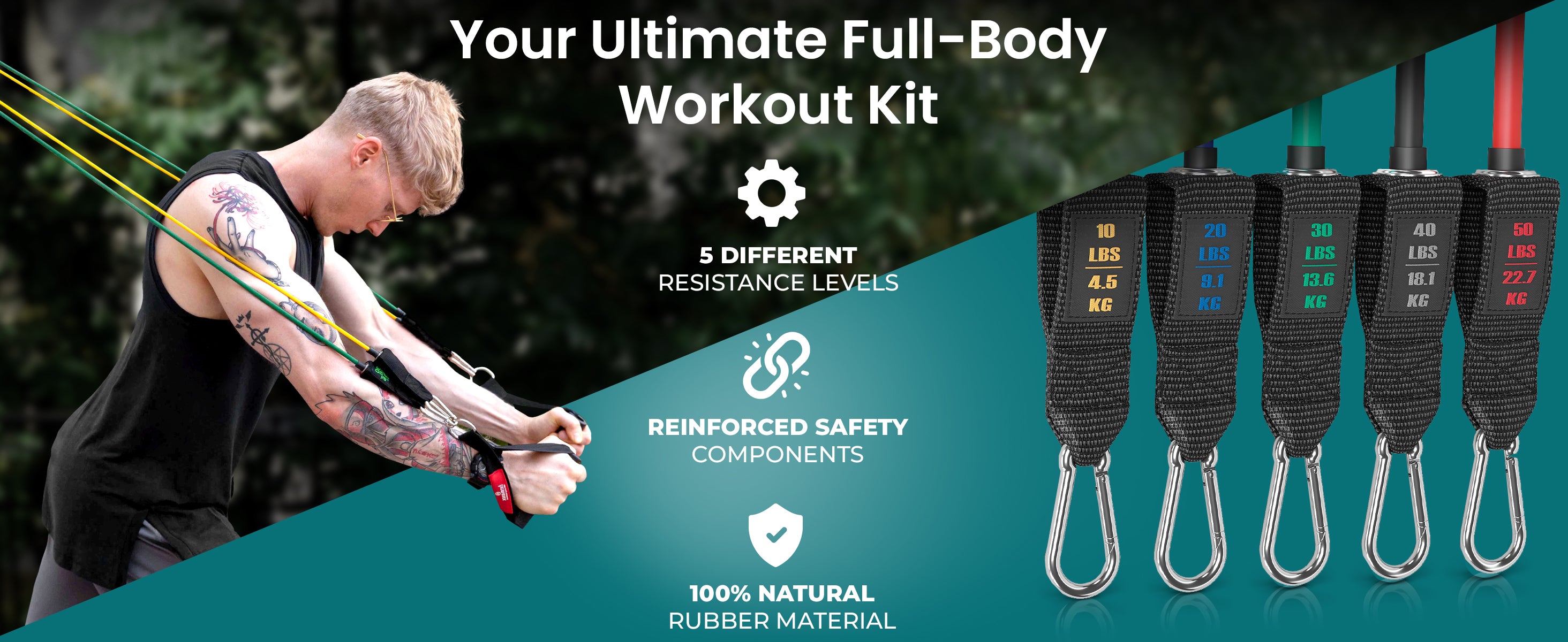 bemaxx resistance band set with 5 levels, natural rubber, and reinforced safety components