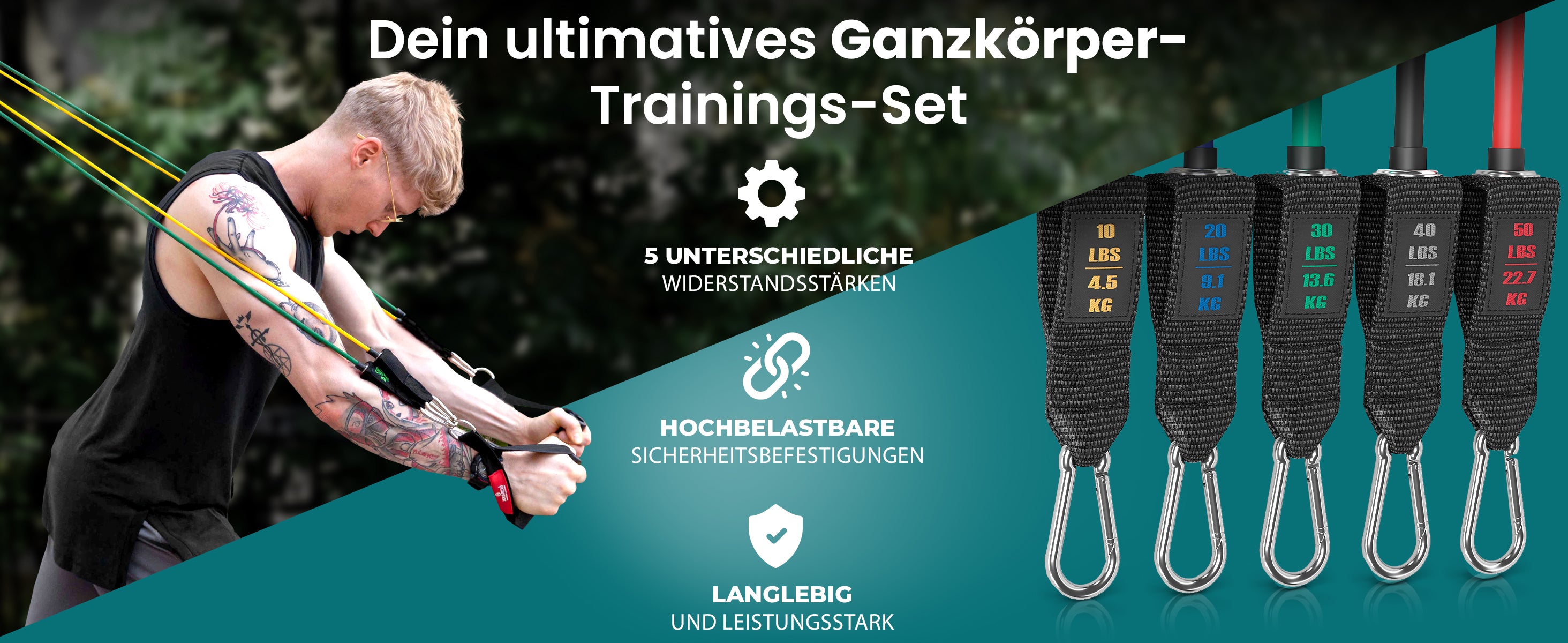 bemaxx Resistance Band Set mit 5 Stärken, 100% Naturkautschuk und Sicherheitskomponenten