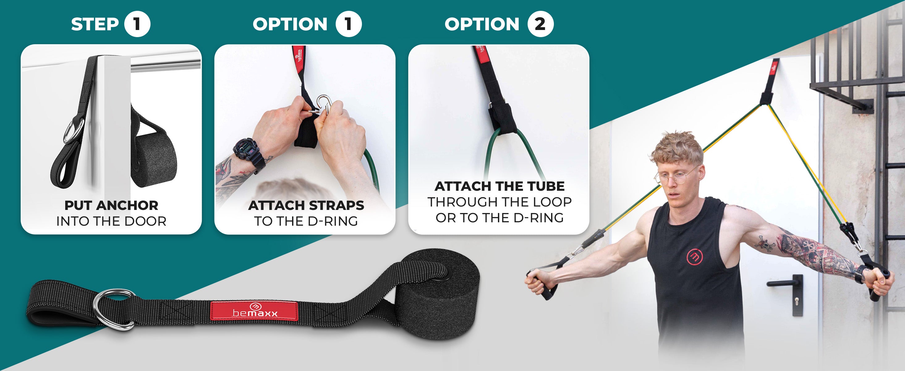 bemaxx resistance band set with door anchor and two options to attach bands securely