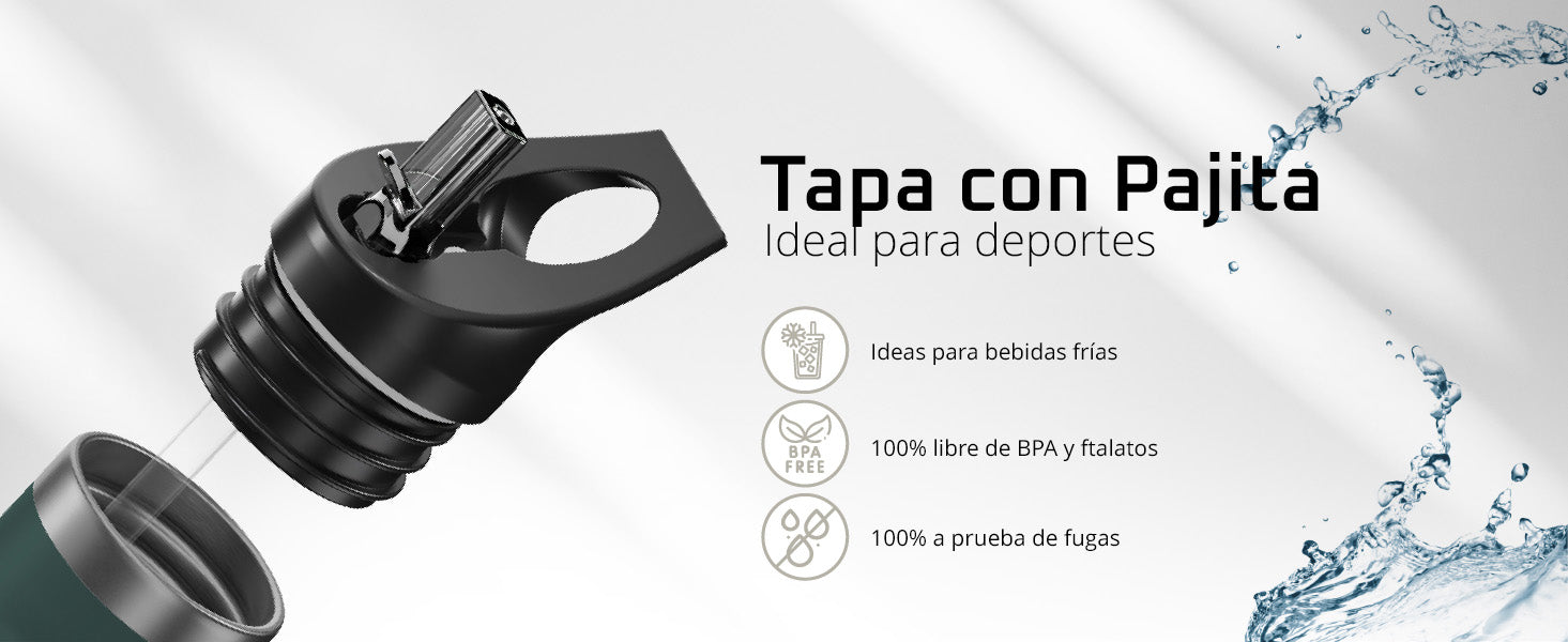 Primer plano de la tapa con pajita de la bemaxx Active Flask – 100 % a prueba de fugas, libre de BPA, ideal para bebidas frías.