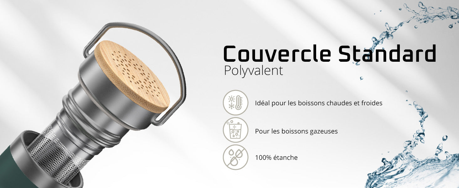 Gros plan sur le bouchon standard de la bemaxx Active Flask – pour boissons chaudes et froides, compatible avec boissons gazeuses et 100 % étanche.