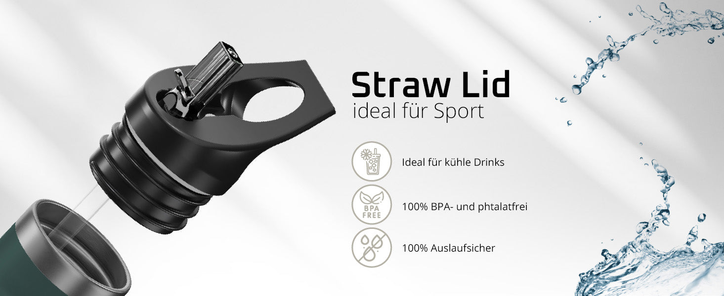 Nahaufnahme des bemaxx Active Flask Straw Lid – 100 % auslaufsicher, BPA-frei, ideal für kühle Drinks