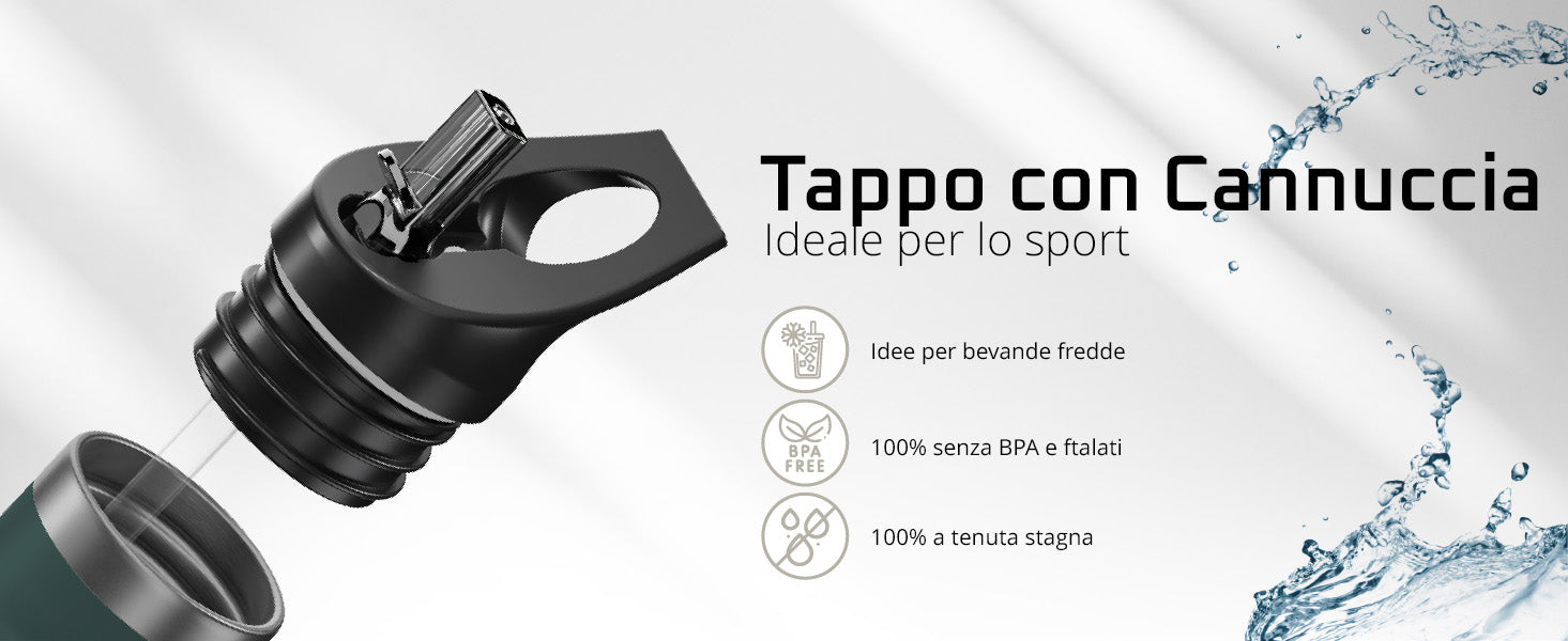Primo piano del coperchio con cannuccia della bemaxx Active Flask – 100 % a tenuta stagna, privo di BPA, ideale per bevande fresche.
