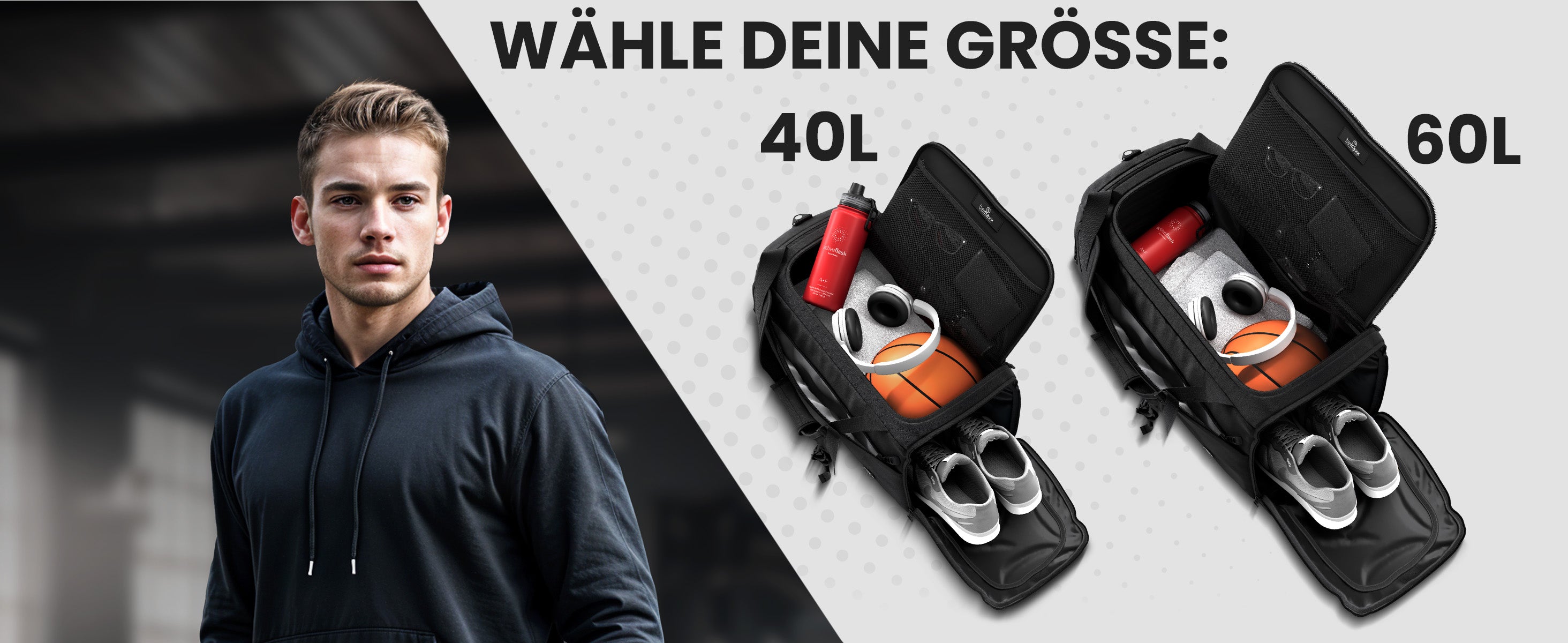 Mann steht neben offenen bemaxx Sporttaschen (40 L & 60 L) und zeigt Hauptfach, Schuh- und Nassfach mit Ausrüstung.