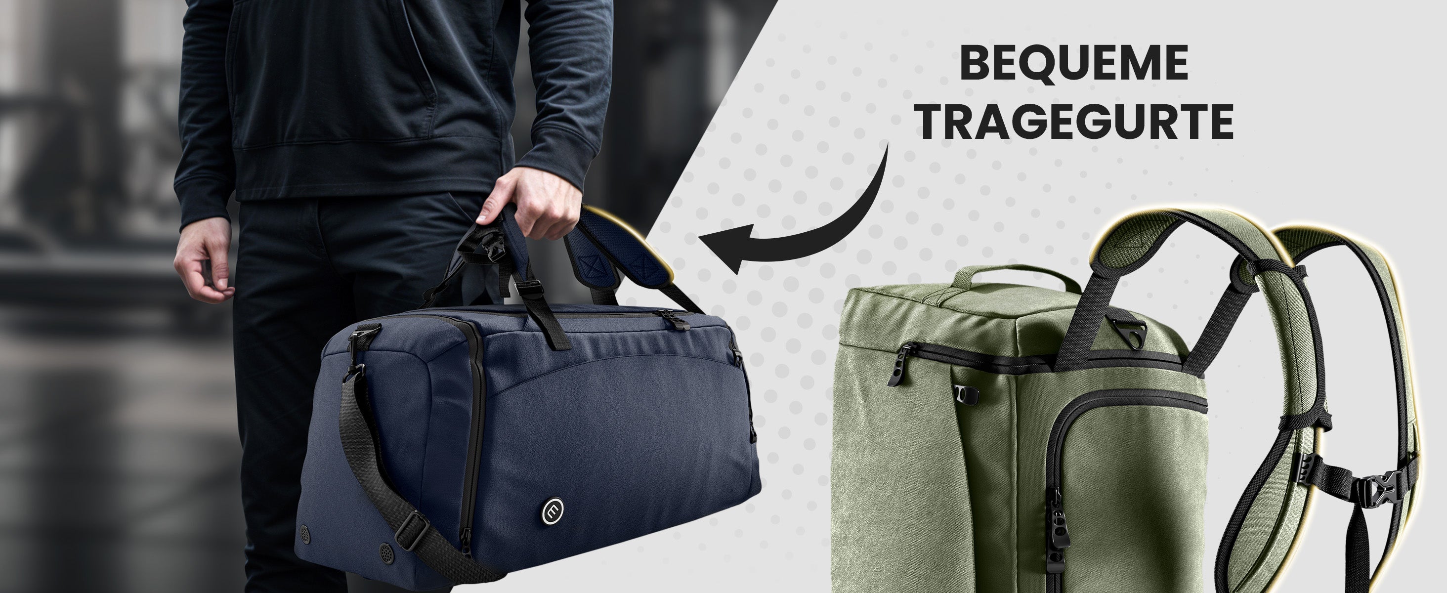 Hand hält dunkelblaue bemaxx Sporttasche, Pfeil zeigt abnehmbare Schulter- und Rucksackgurte an grüner Tasche.