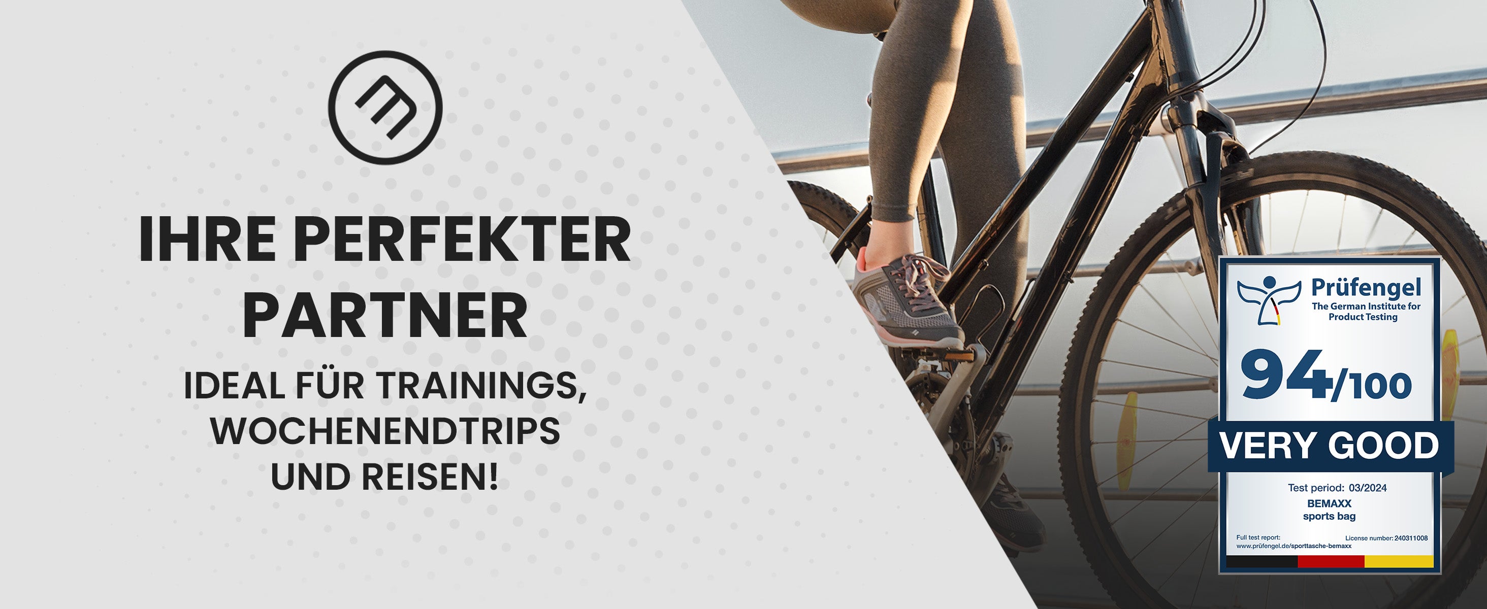 Radfahrerin mit bemaxx Sporttasche – ideal für Training, Kurztrips & Reisen, Prüfengelsiegel 94/100 sichtbar.