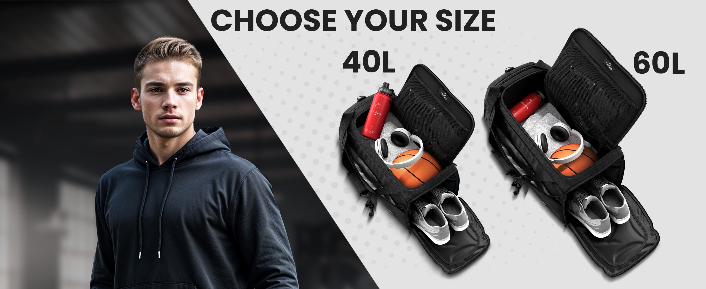 Man stands by open bemaxx sportsbags in 40 L and 60 L sizes, showing gear in main, shoe and wet compartments.