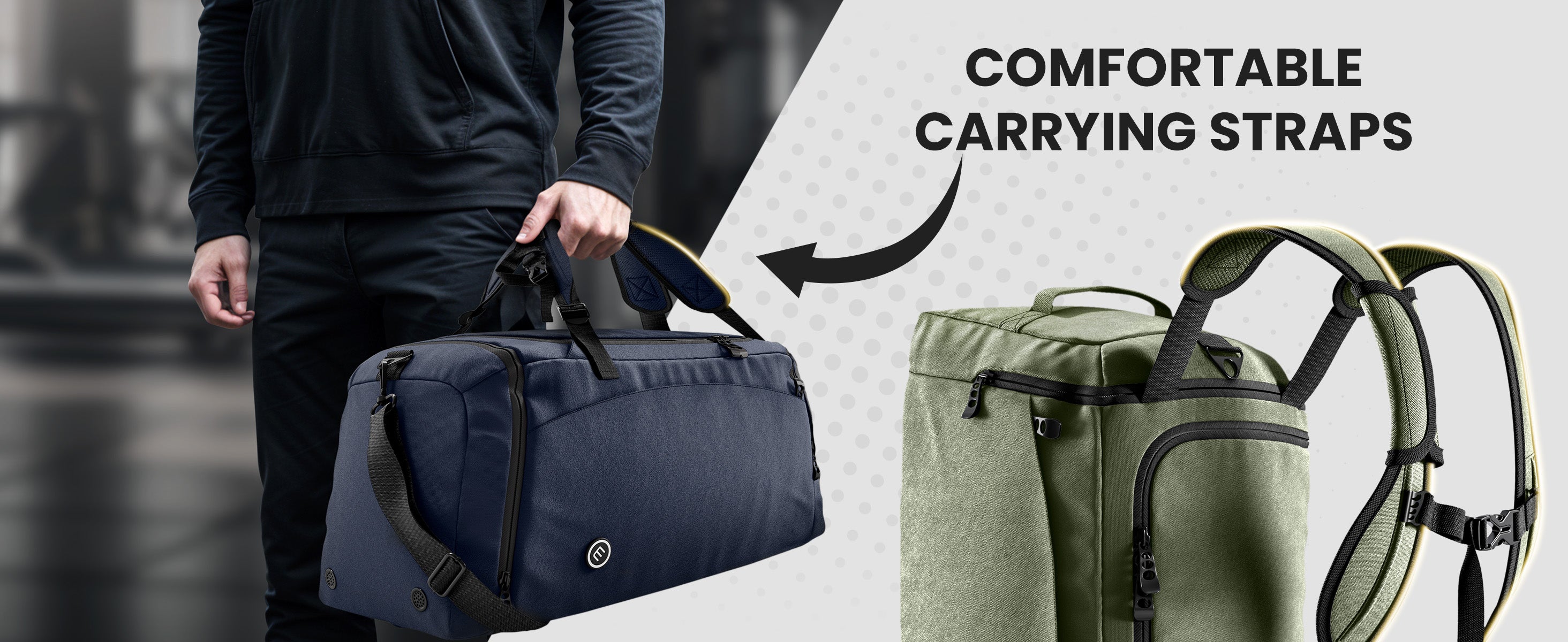 Hands grip navy bemaxx sportsbag handles, arrow shows detachable shoulder and backpack straps on green sportsbag.