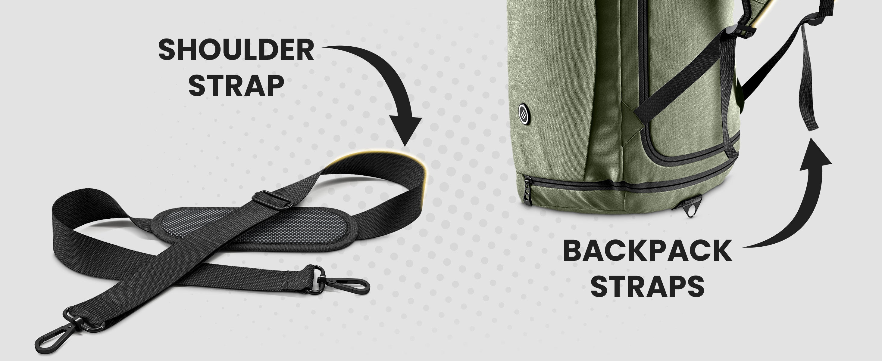 Detached bemaxx sportsbag shoulder strap and backpack harness strap displayed against neutral background.