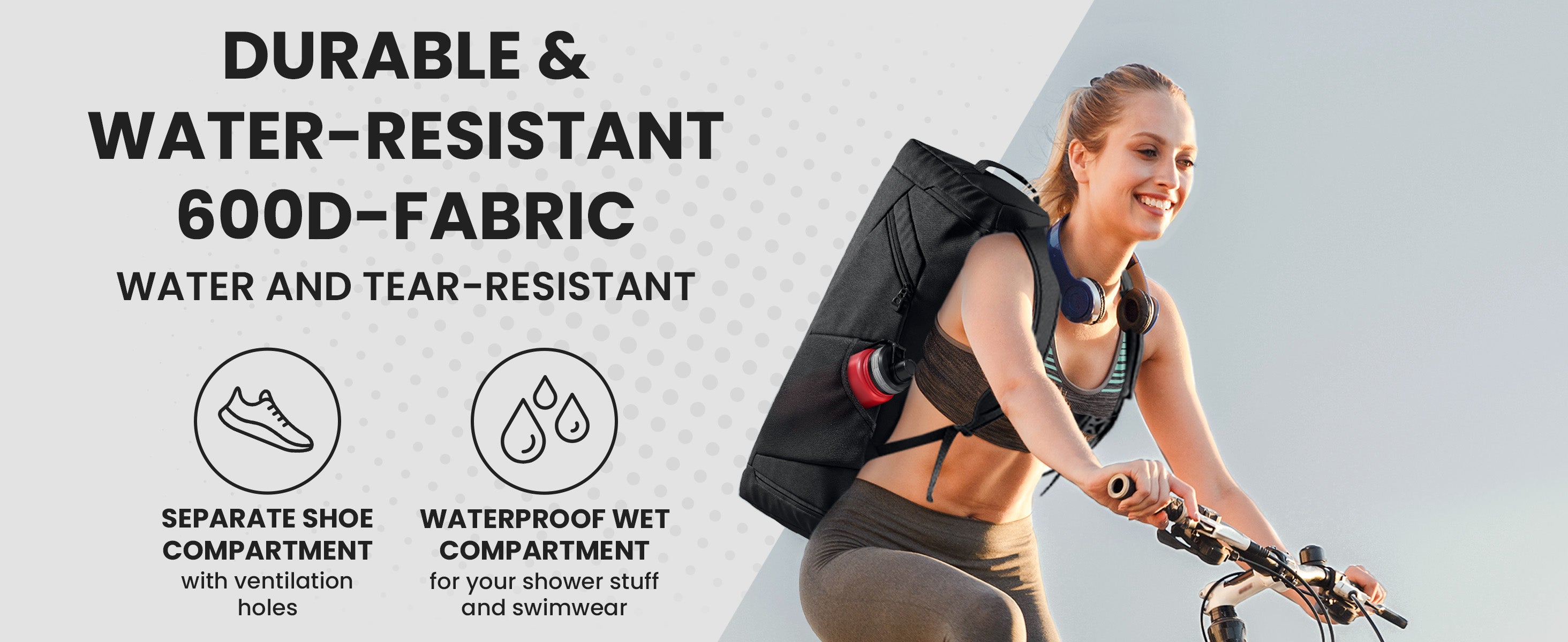 Cyclist rides with bemaxx sportsbag made of robust, water-resistant 600D material, icons denote shoe & wet pockets.