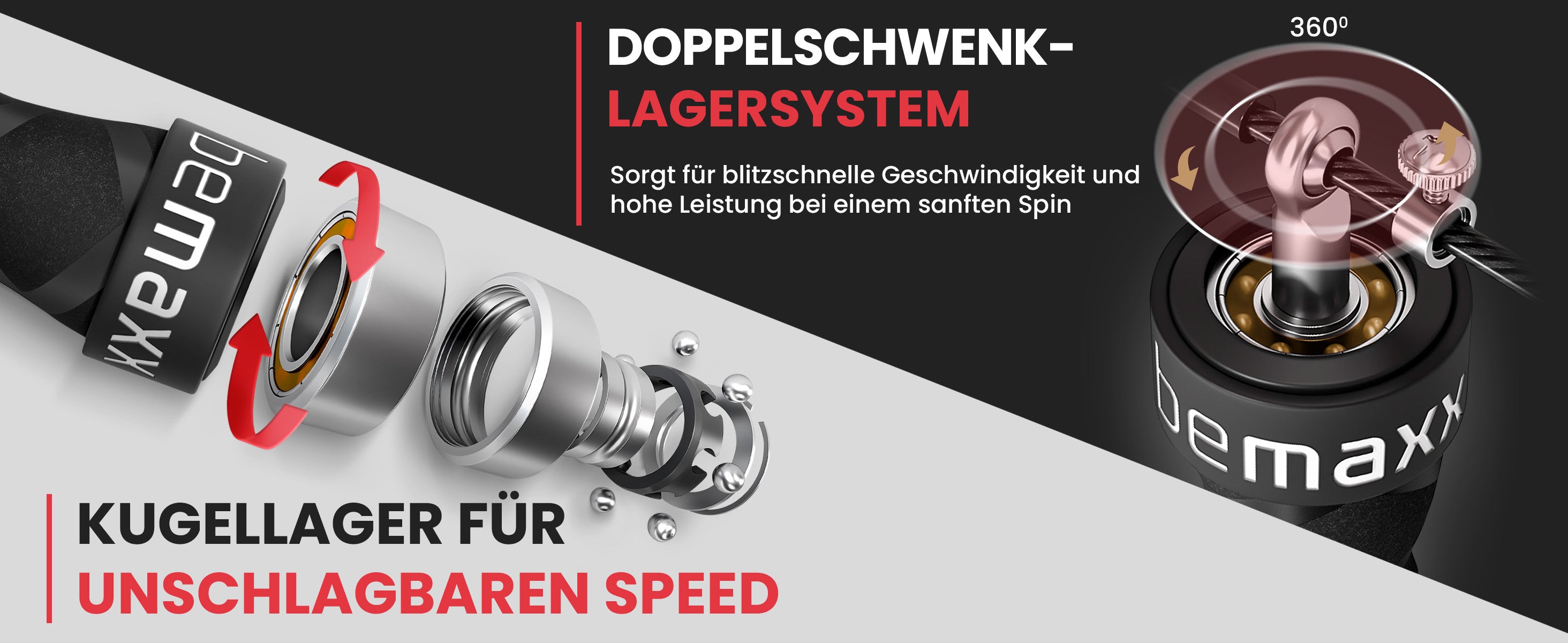 Nahaufnahme des bemaxx Springseils mit 360°-Doppelschwenglager und Kugellager für sanfte Drehung