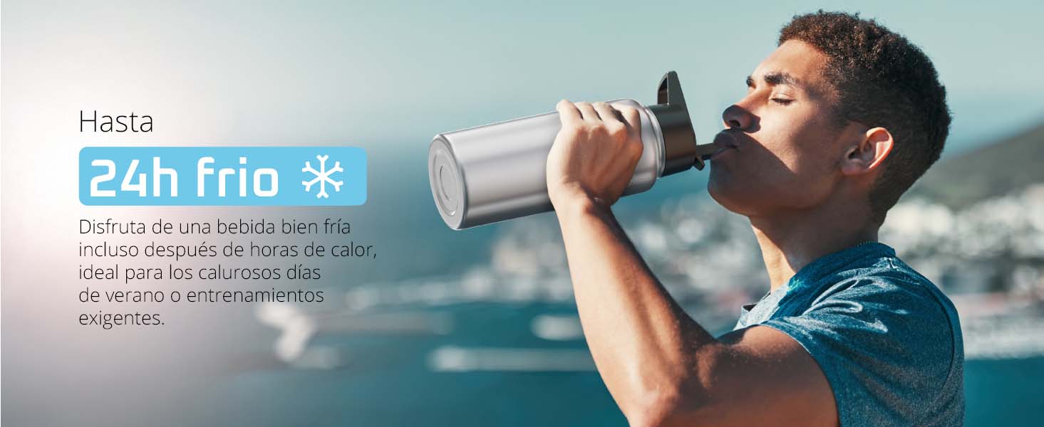 Hombre bebiendo de la bemaxx Active Flask – mantiene las bebidas frías hasta 24 h, ideal para el deporte y los días calurosos.