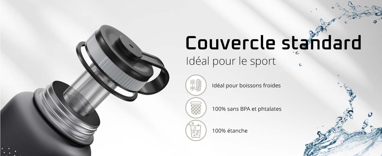 Bouchon standard bemaxx pour Active Flask – idéal pour boissons chaudes et froides, avec filtre à thé modulaire inclus.