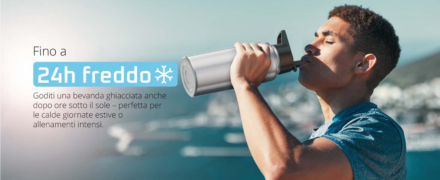 Uomo che beve dalla bemaxx Active Flask – mantiene le bevande fredde fino a 24 ore, perfetta per lo sport e le giornate estive calde.
