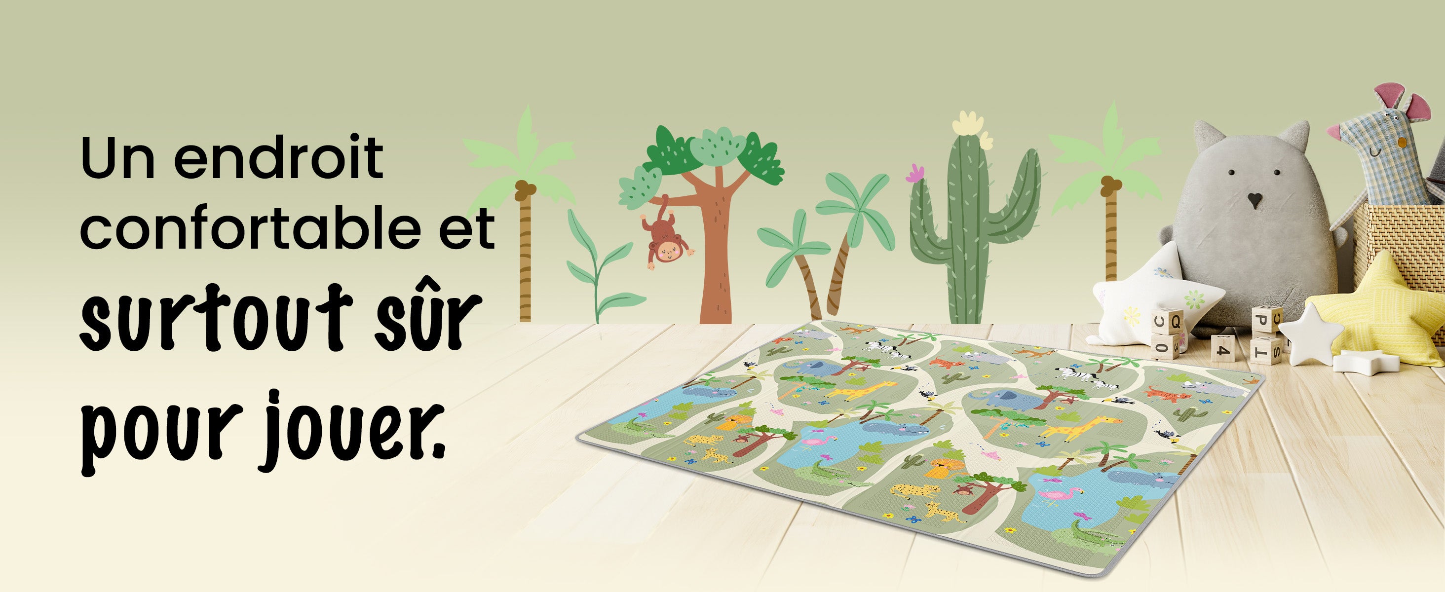 Tapis de jeu douillet et sûr avec motif safari d’animaux colorés