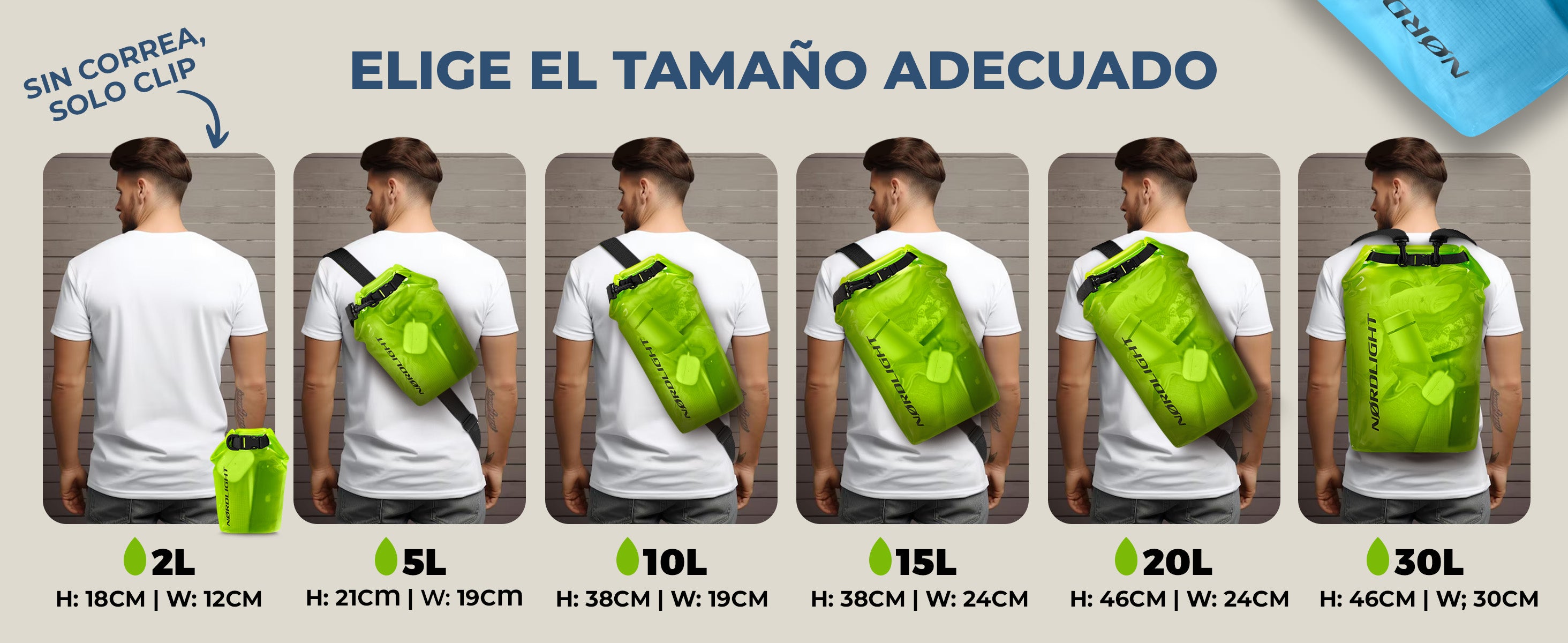 Opciones de tamaño de bolsas secas Nørdlight – de 2L a 30L para cada aventura, con clip o correa para el hombro