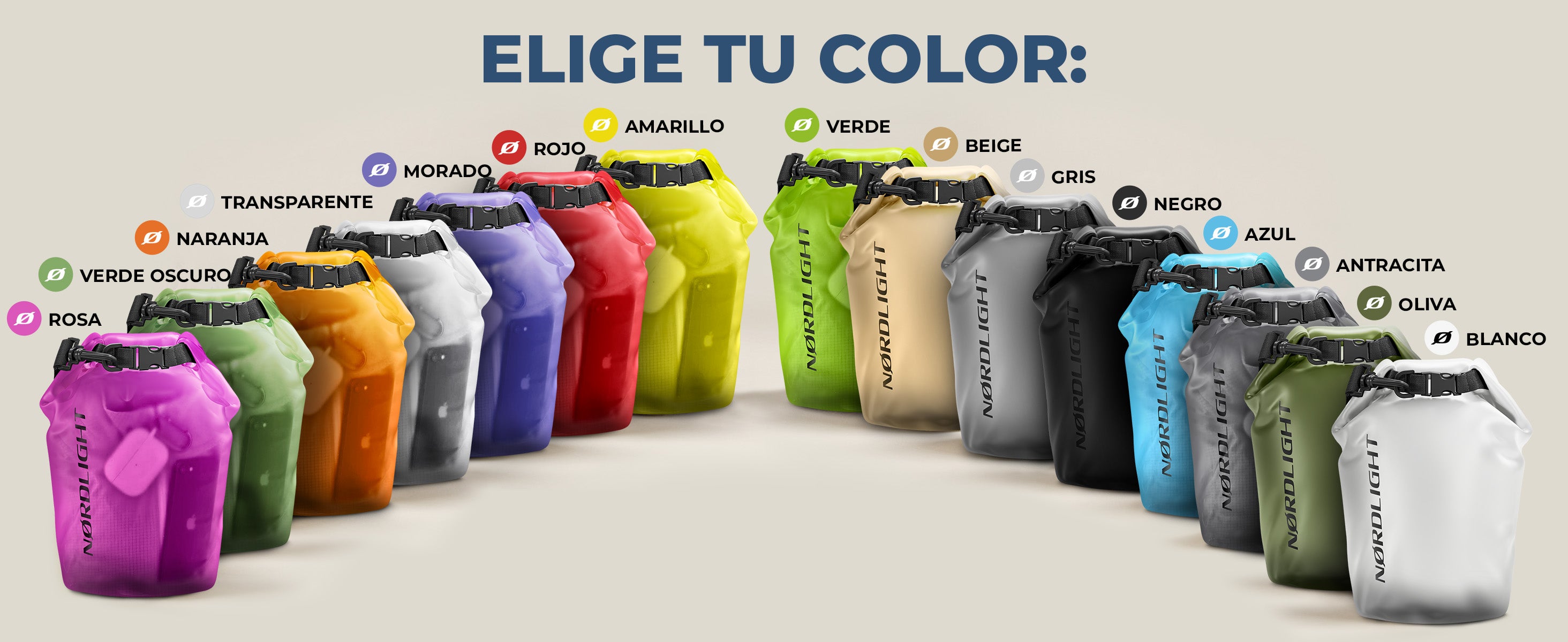 Bolsas secas impermeables Nørdlight en 14 colores – desde rosa y naranja hasta negro y blanco, para playa, viajes y actividades al aire libre