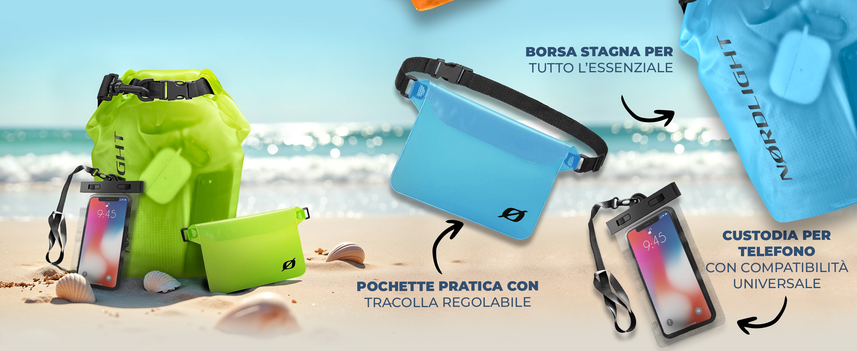 Set di accessori Nørdlight – borsa stagna per oggetti di valore, marsupio e custodia impermeabile universale per telefono