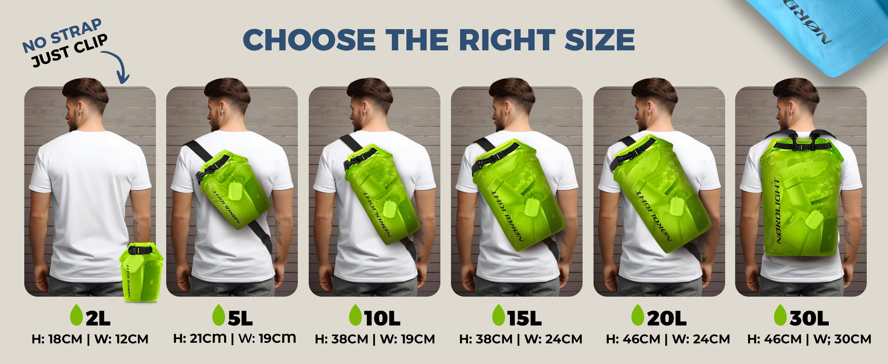 Nordlight Dry Bag: man wearing 2 L–30 L sizes across his chest to demonstrate fit.