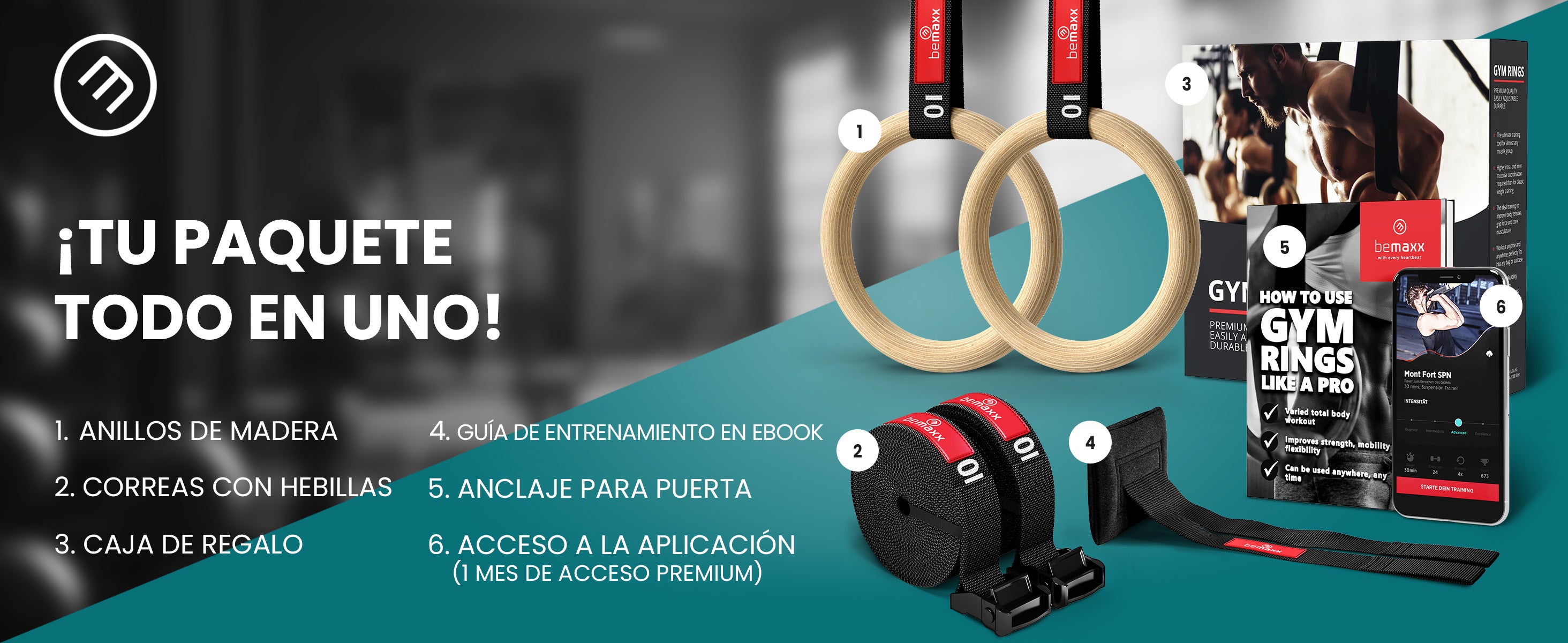 Set de bandas de resistencia bemaxx con anillos, correas, ebook, app y anclaje para puerta