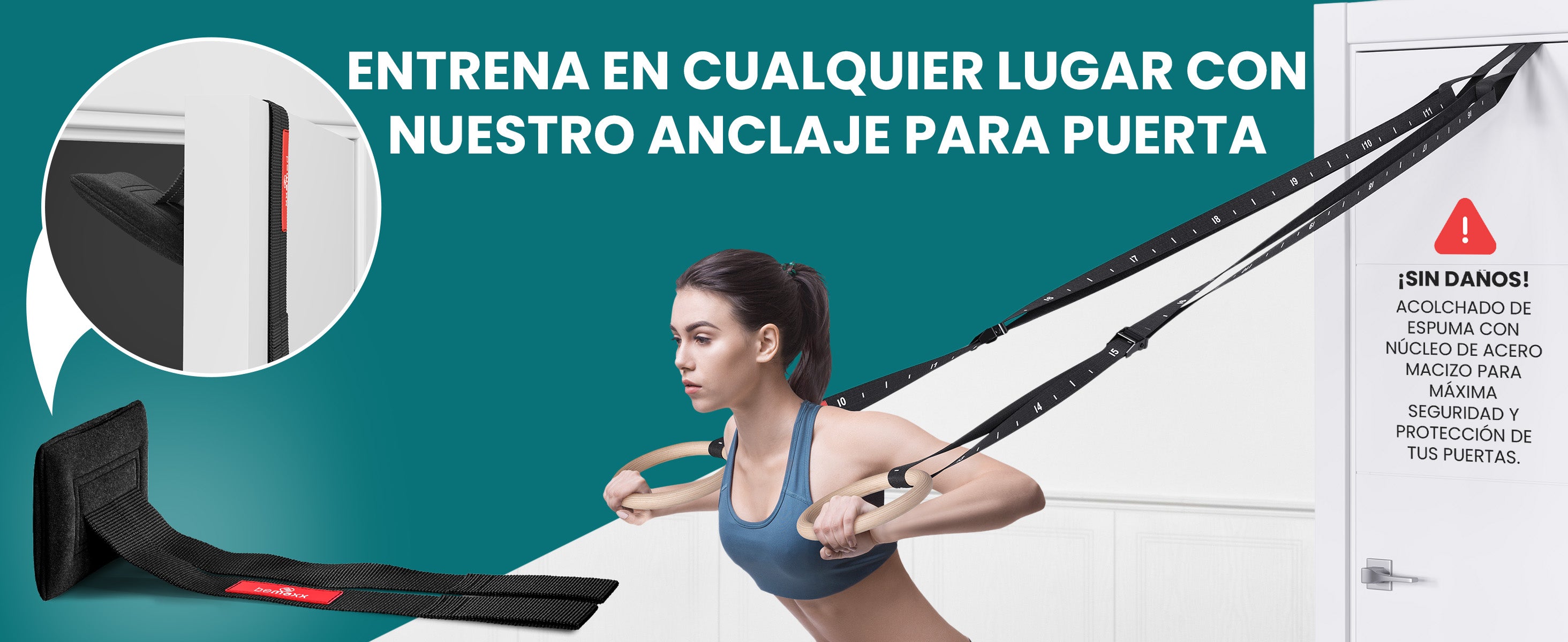 Mujer entrenando con bandas bemaxx y anclaje para puerta en casa, seguro y eficaz