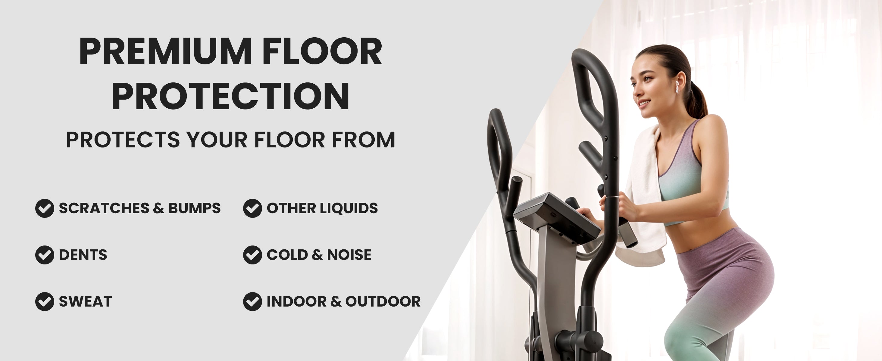 Woman on elliptical stands on bemaxx Floor Mats – protects from scratches, dents, sweat & noise indoors/outdoors.