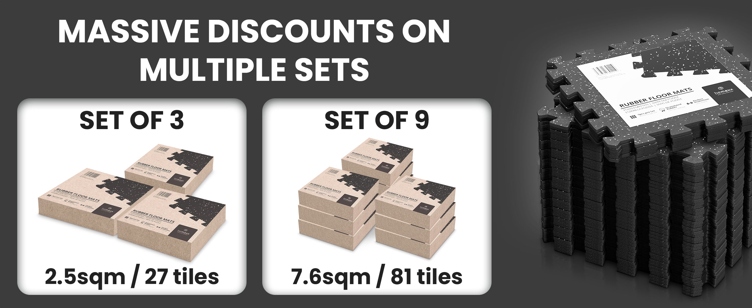 3- and 9-pack bemaxx Floor Mats in eco packaging – covers 2.5 m² & 7.6 m² areas respectively.