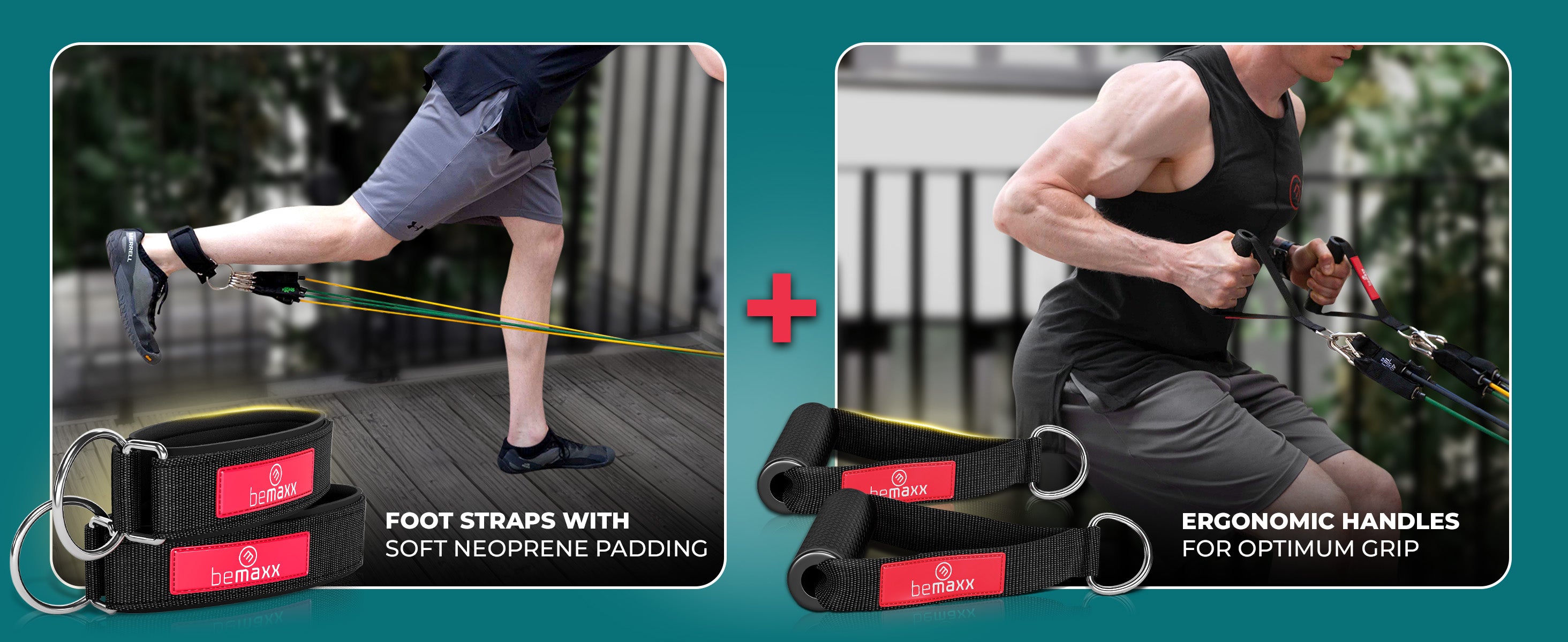 bemaxx resistance band set with padded foot straps and ergonomic handles for training