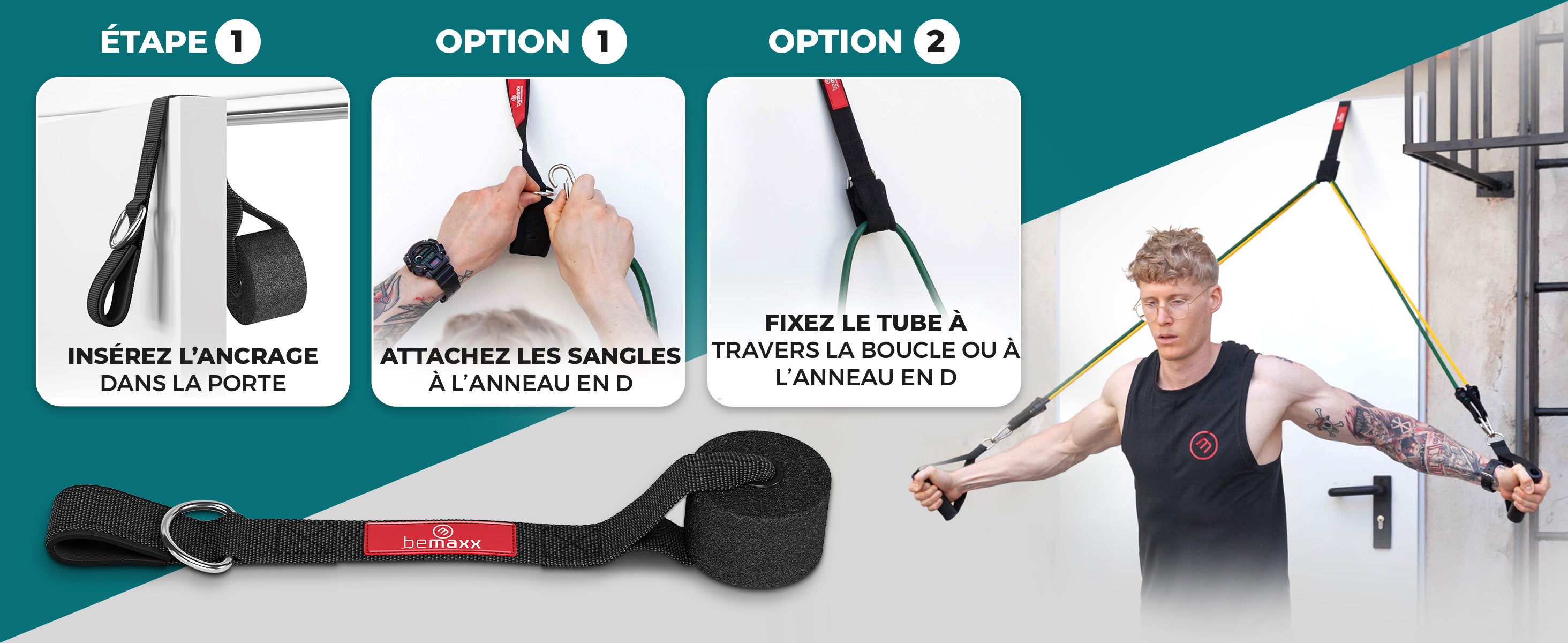 Set bemaxx avec ancrage de porte et deux méthodes de fixation pour les bandes