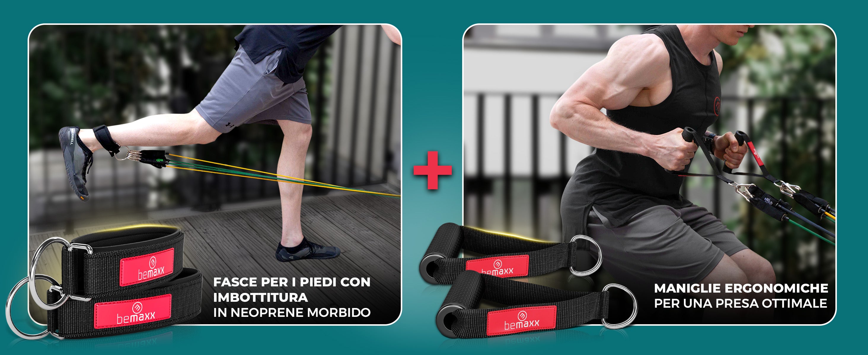Set bemaxx con bande di resistenza, fasce per i piedi e maniglie ergonomiche