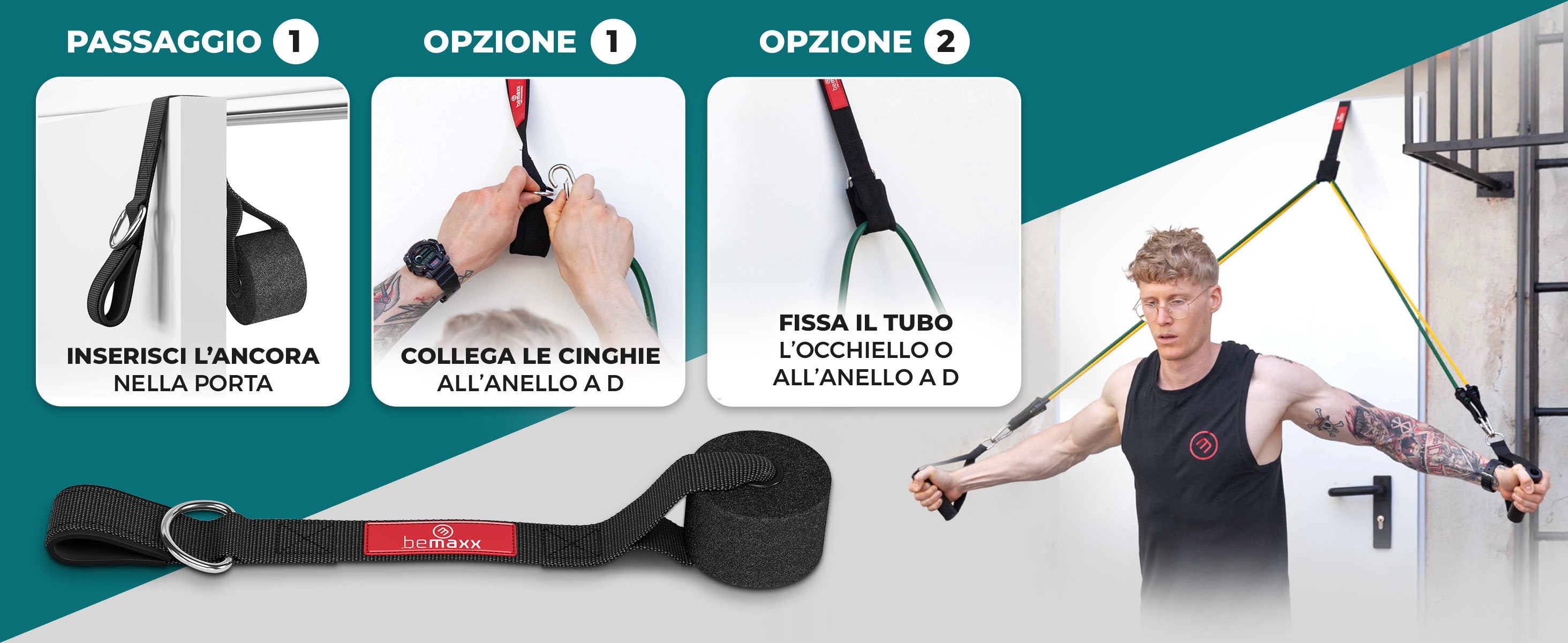 Set di bande bemaxx con ancoraggio alla porta e opzioni di fissaggio versatili