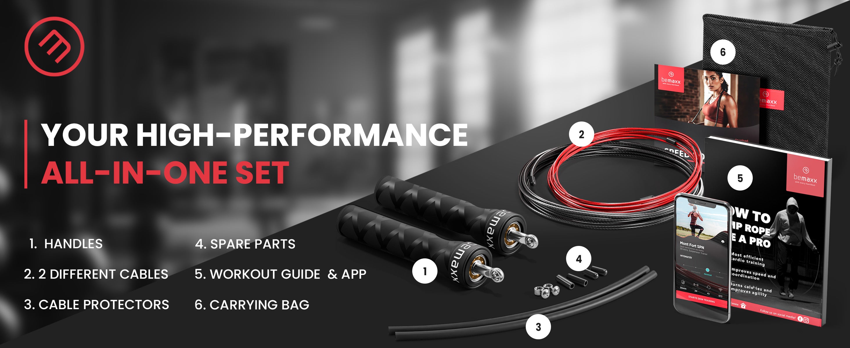 bemaxx jump rope all-in-one kit with handles, two cables, cable protectors, spare parts, training guide & carry bag
