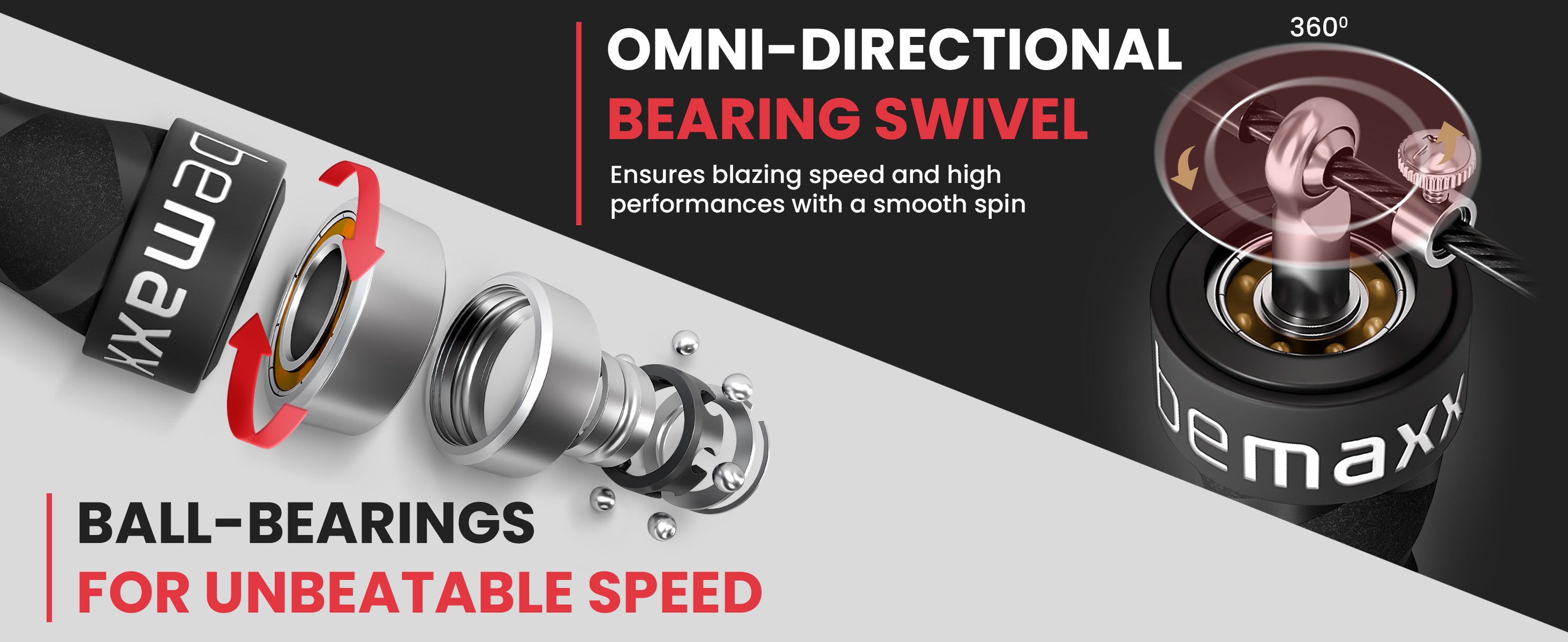 Close-up of bemaxx jump rope 360° double-swivel bearing and ball bearing joint for ultra-smooth spins